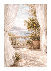 O terasă însorită cu vedere la o mare sclipitoare.-1