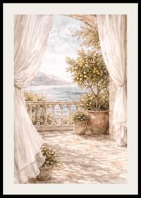 O terasă însorită cu vedere la o mare sclipitoare.-2