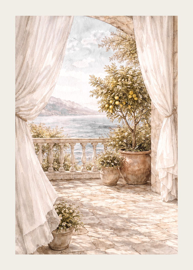 O terasă însorită cu vedere la o mare sclipitoare.-12