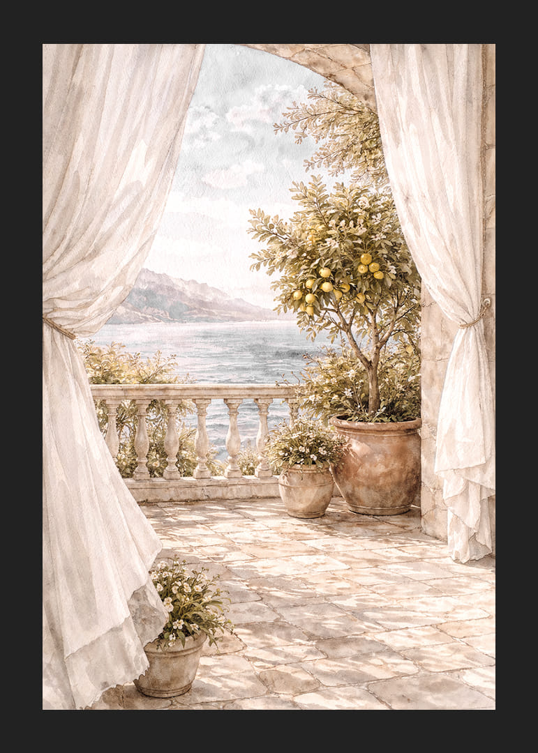 O terasă însorită cu vedere la o mare sclipitoare.-12