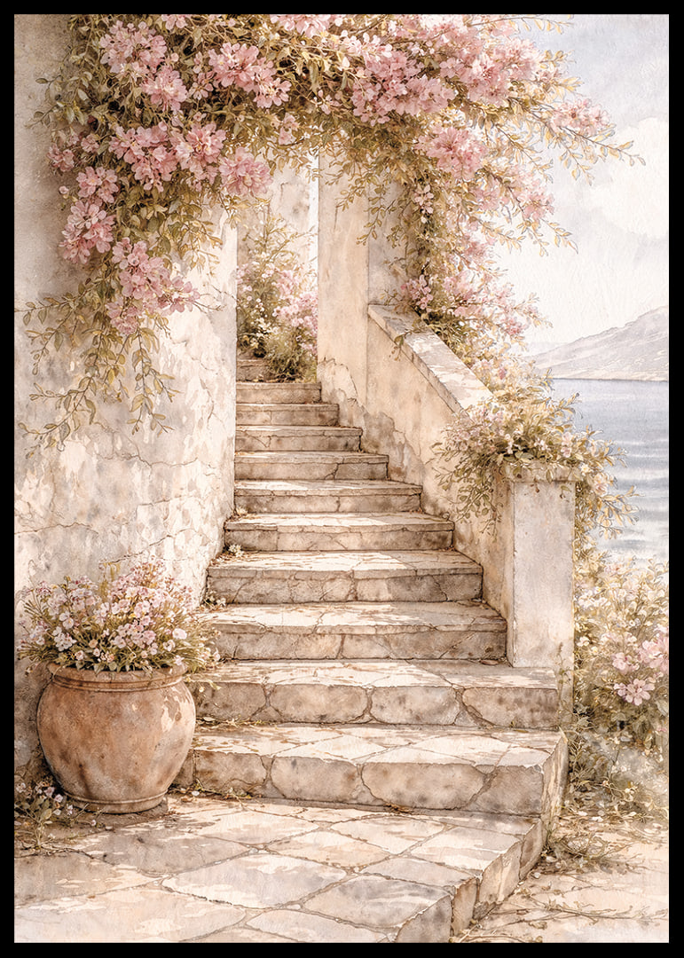 A stone staircase climbs through flowering plants towards the light.-12