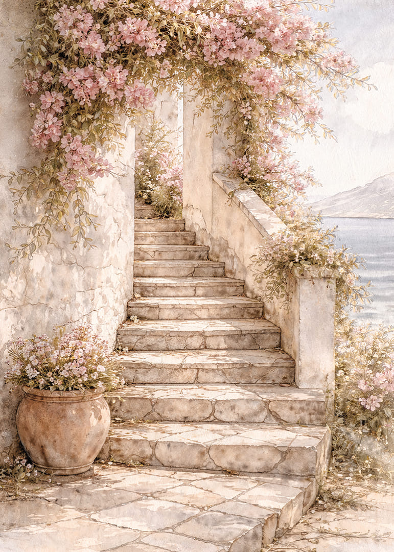 Egy kőlépcső vezet fel a virágos növények között a fény felé.-12