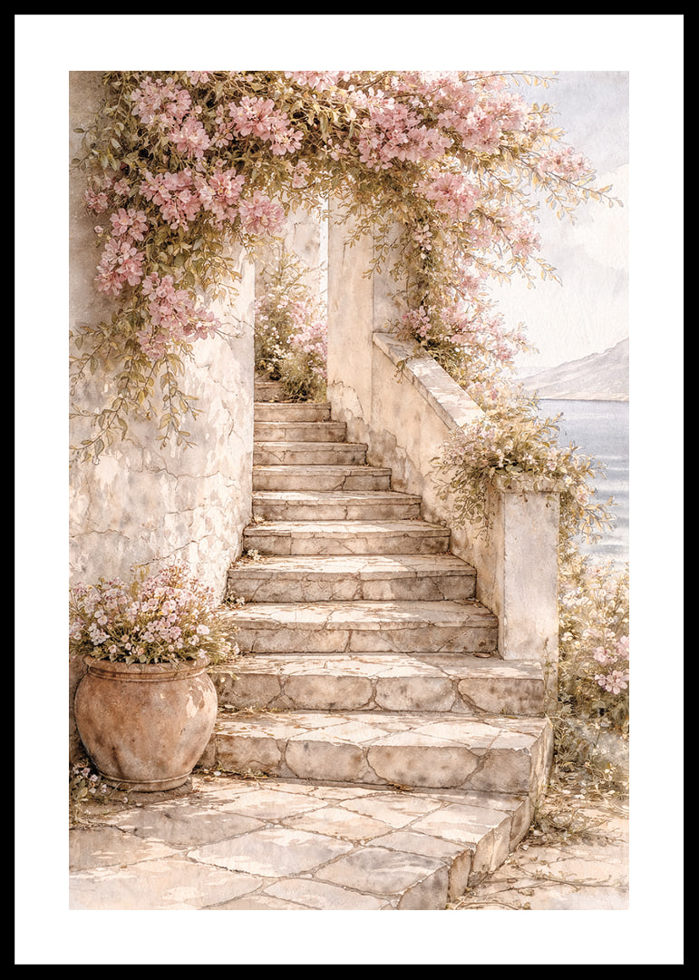 A stone staircase climbs through flowering plants towards the light.-12