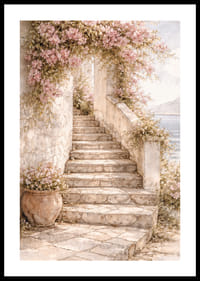 Egy kőlépcső vezet fel a virágos növények között a fény felé.-0