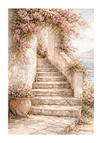 A stone staircase climbs through flowering plants towards the light.-1