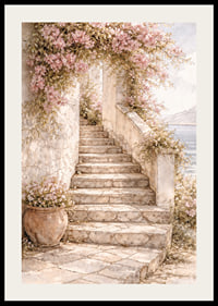 A stone staircase climbs through flowering plants towards the light.-2