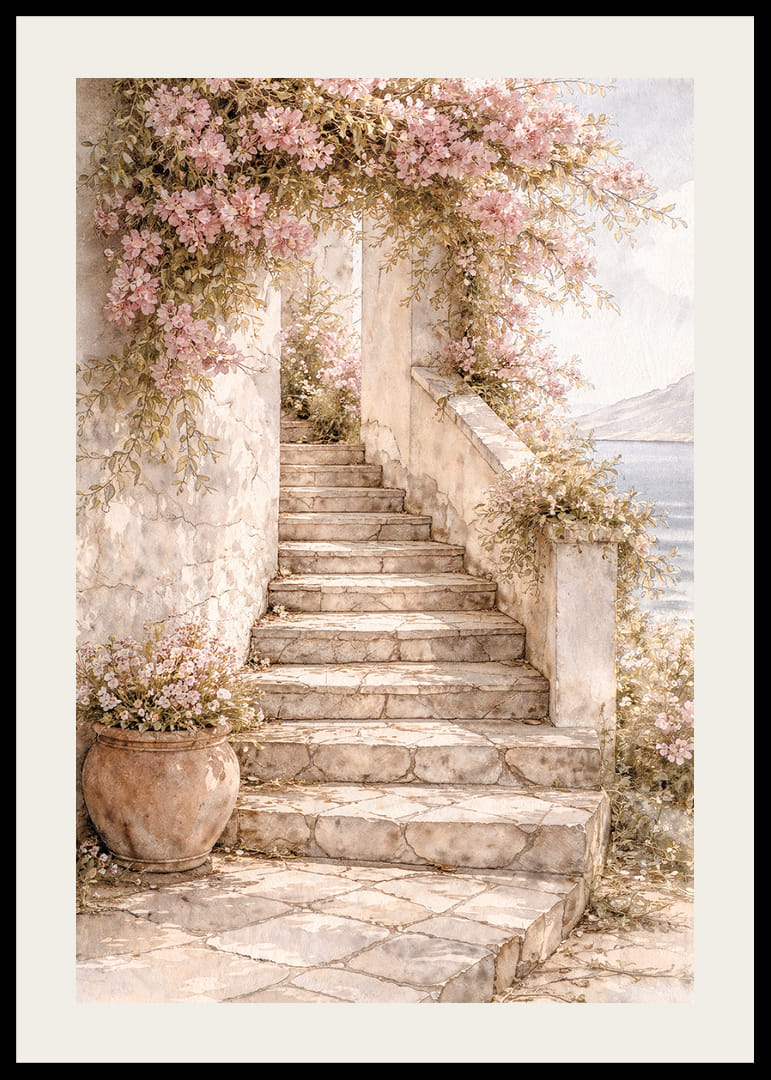 Egy kőlépcső vezet fel a virágos növények között a fény felé.-12