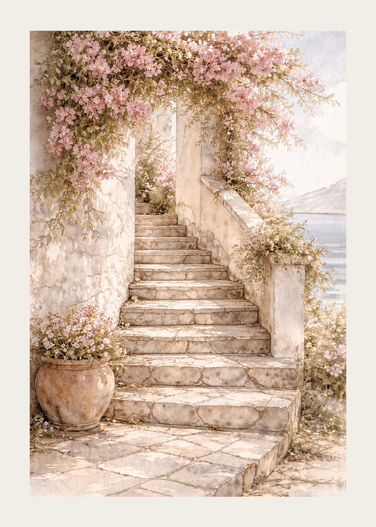 A stone staircase climbs through flowering plants towards the light.-12