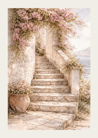 Egy kőlépcső vezet fel a virágos növények között a fény felé.-3