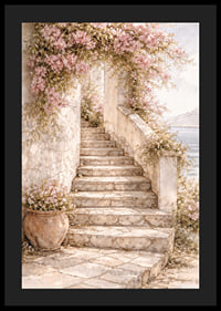 A stone staircase climbs through flowering plants towards the light.-4