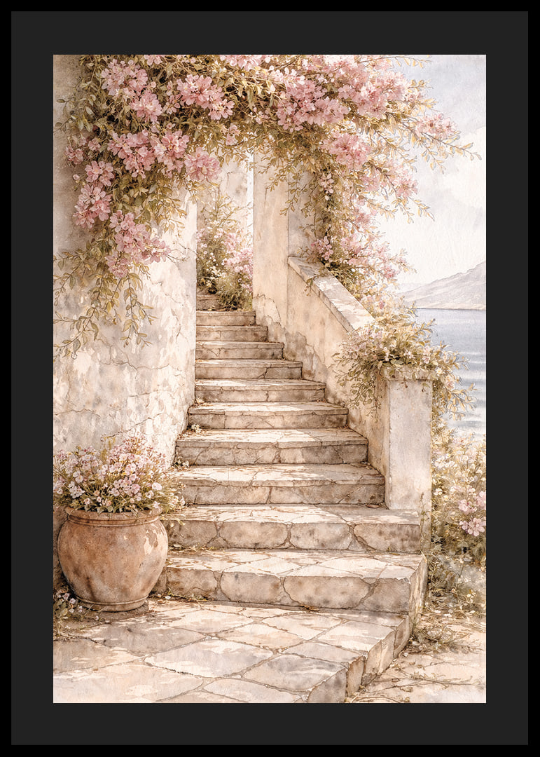 A stone staircase climbs through flowering plants towards the light.-12