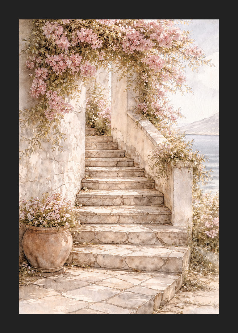 Egy kőlépcső vezet fel a virágos növények között a fény felé.-12