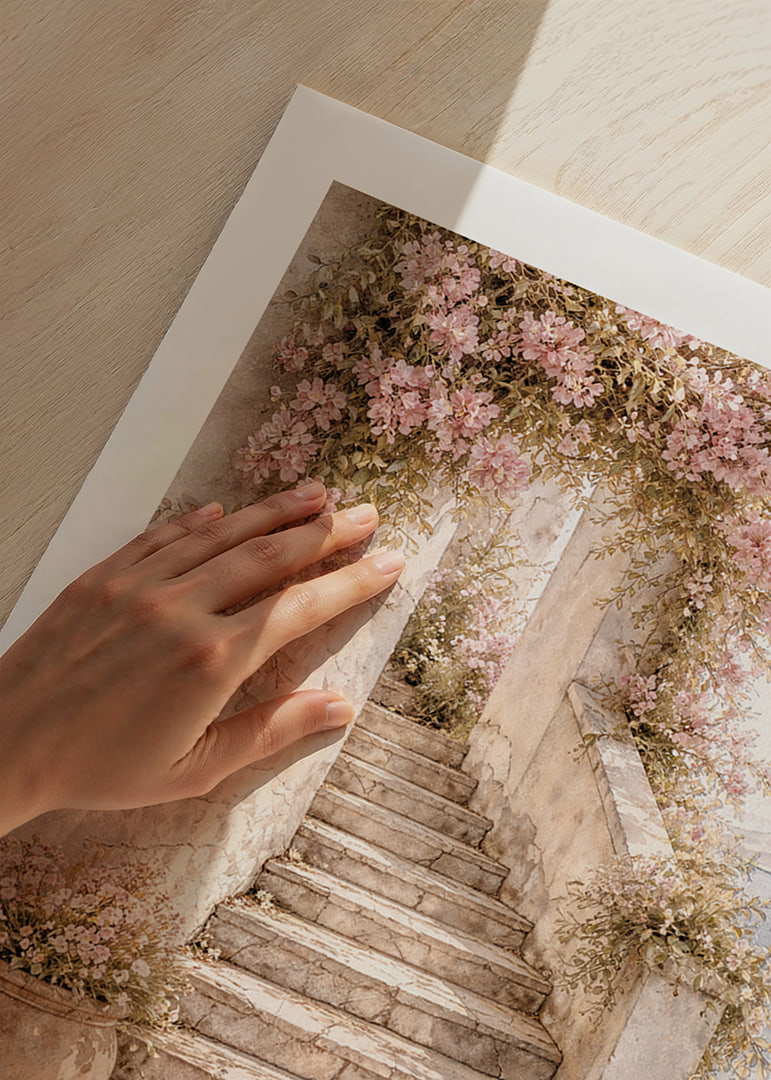 A stone staircase climbs through flowering plants towards the light.-12