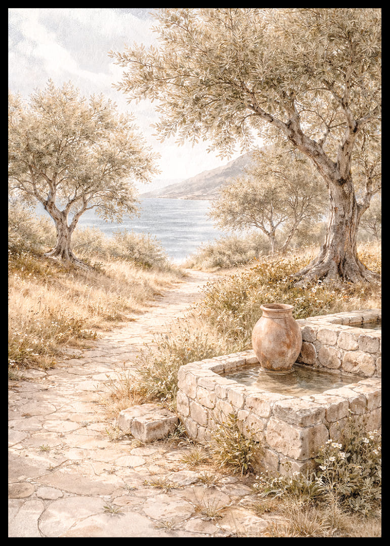 O alee liniștită mărginită de măslini, lângă mare.-12