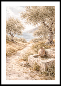 O alee liniștită mărginită de măslini, lângă mare.-0