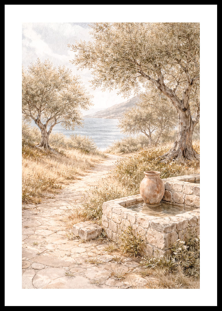 O alee liniștită mărginită de măslini, lângă mare.-12