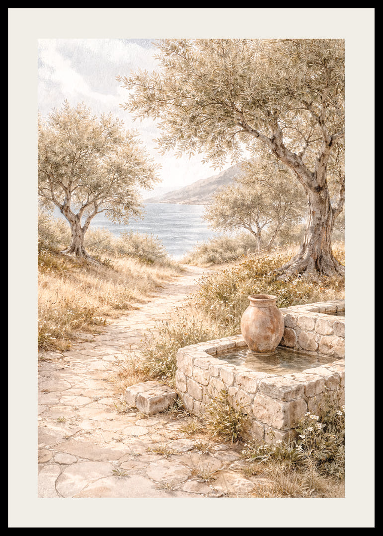 O alee liniștită mărginită de măslini, lângă mare.-12