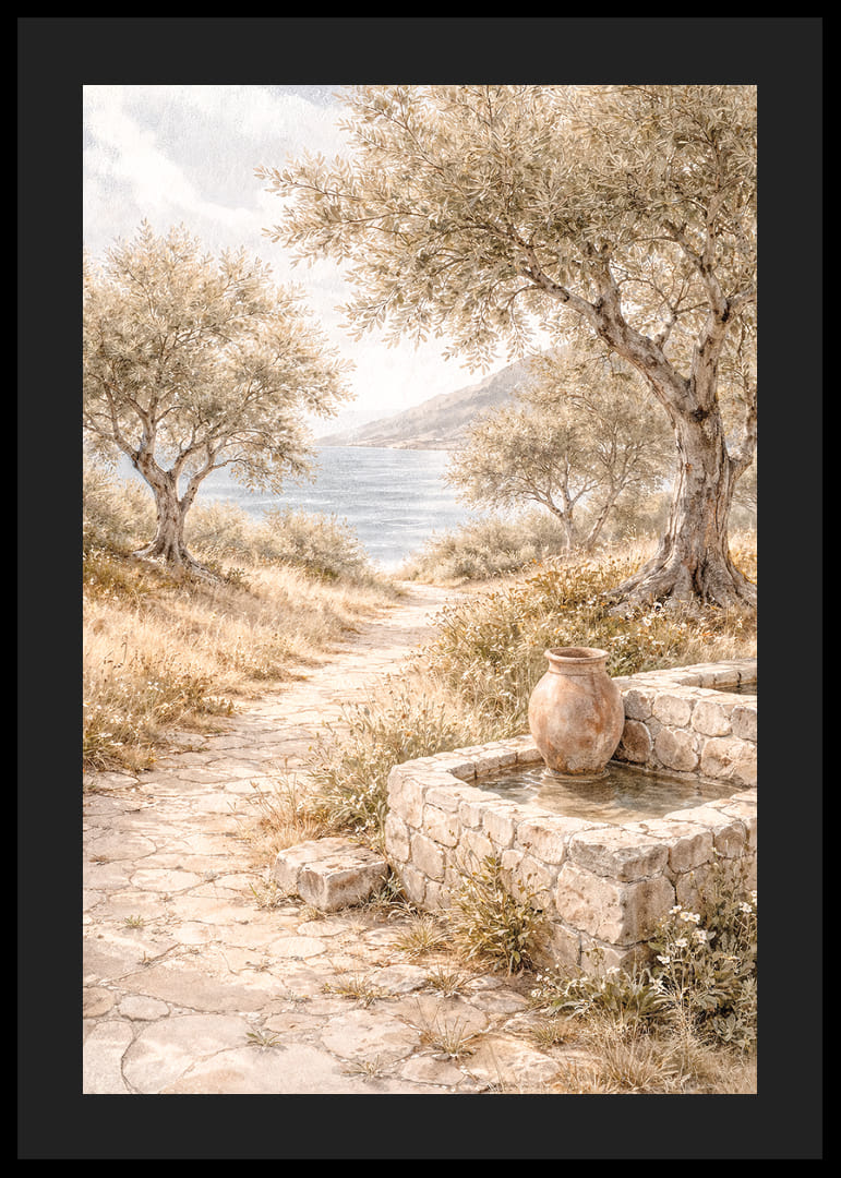 O alee liniștită mărginită de măslini, lângă mare.-12