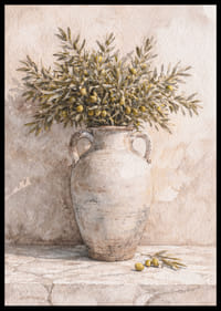 Ramuri de măslin într-o urnă antică pe un fundal rustic.-6