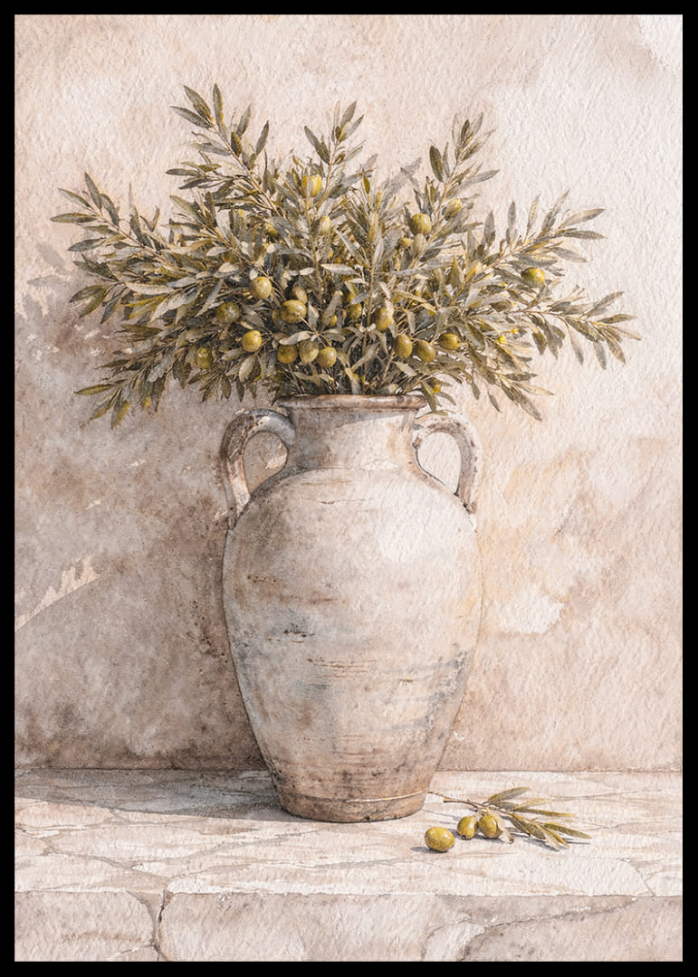 Ramuri de măslin într-o urnă antică pe un fundal rustic.-12