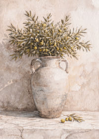 Ramuri de măslin într-o urnă antică pe un fundal rustic.-7
