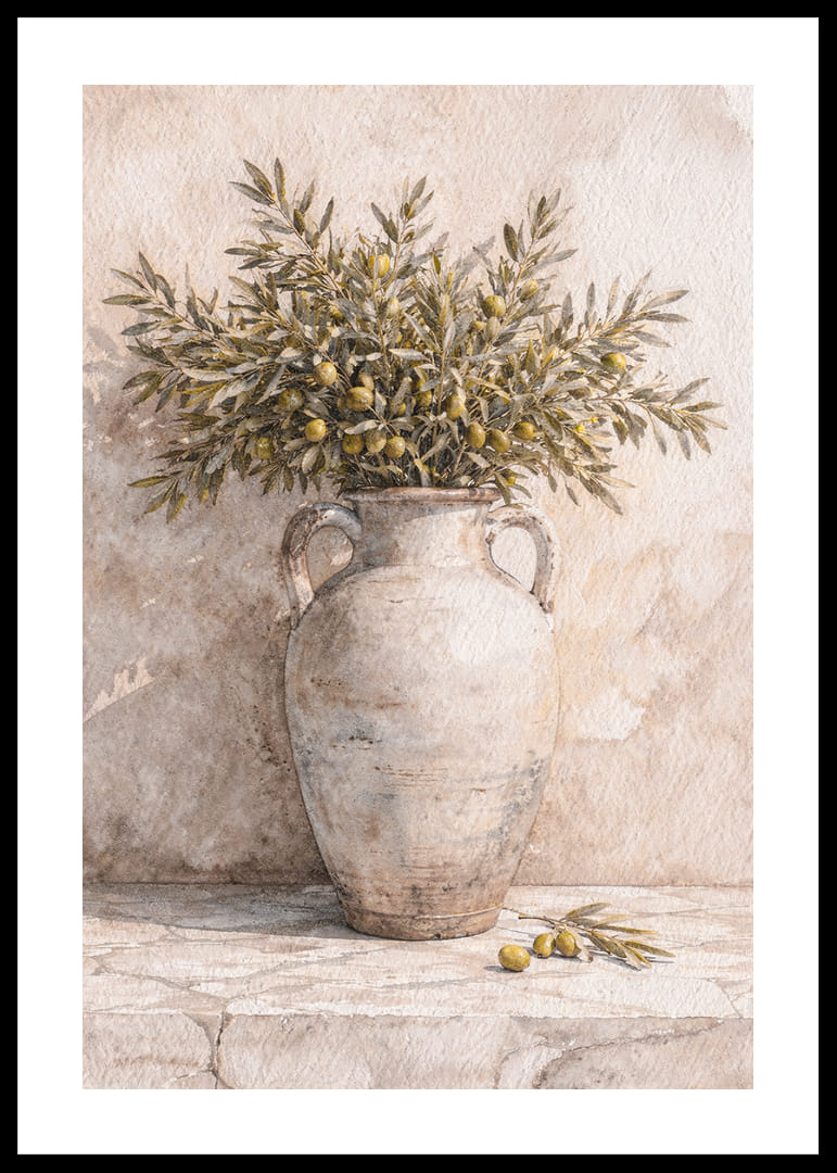 Ramuri de măslin într-o urnă antică pe un fundal rustic.-12