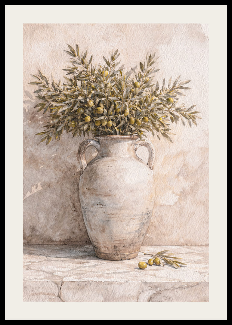 Ramuri de măslin într-o urnă antică pe un fundal rustic.-12