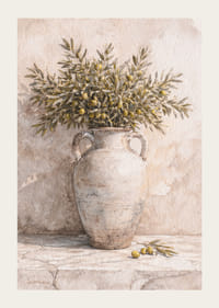 Ramuri de măslin într-o urnă antică pe un fundal rustic.-3