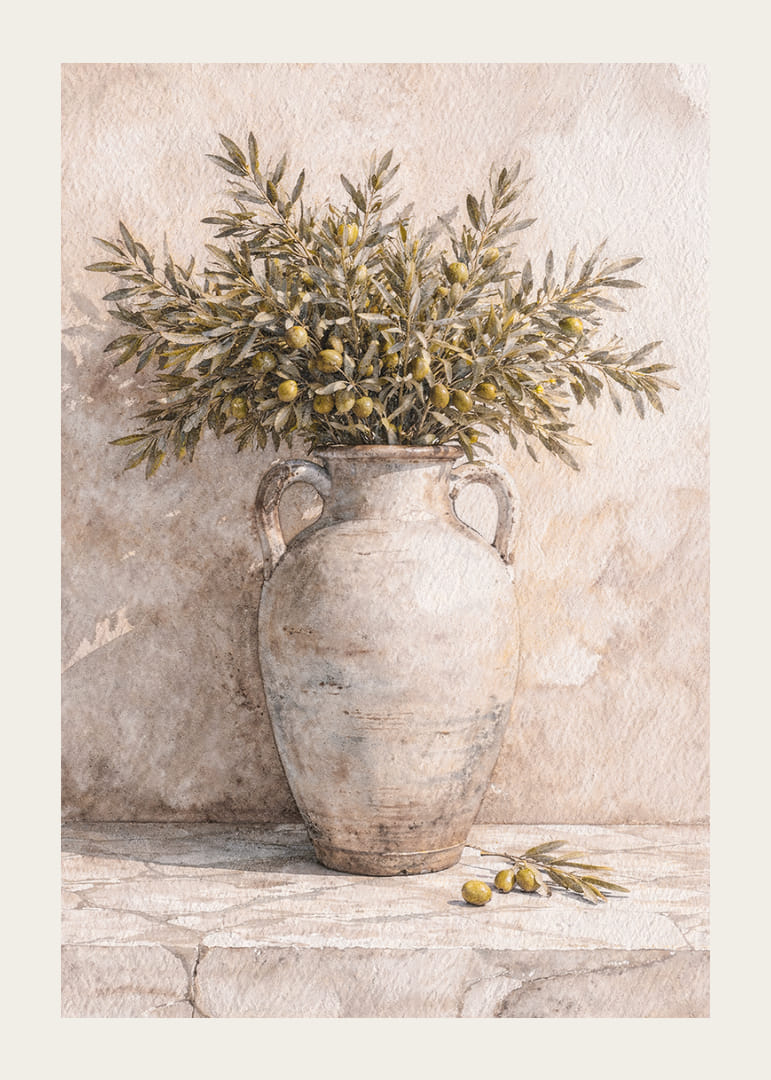Ramuri de măslin într-o urnă antică pe un fundal rustic.-12