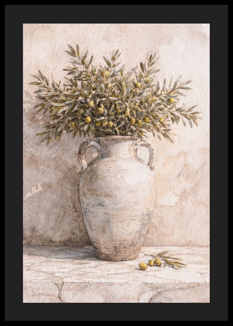 Ramuri de măslin într-o urnă antică pe un fundal rustic.-12