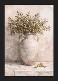 Ramuri de măslin într-o urnă antică pe un fundal rustic.-5