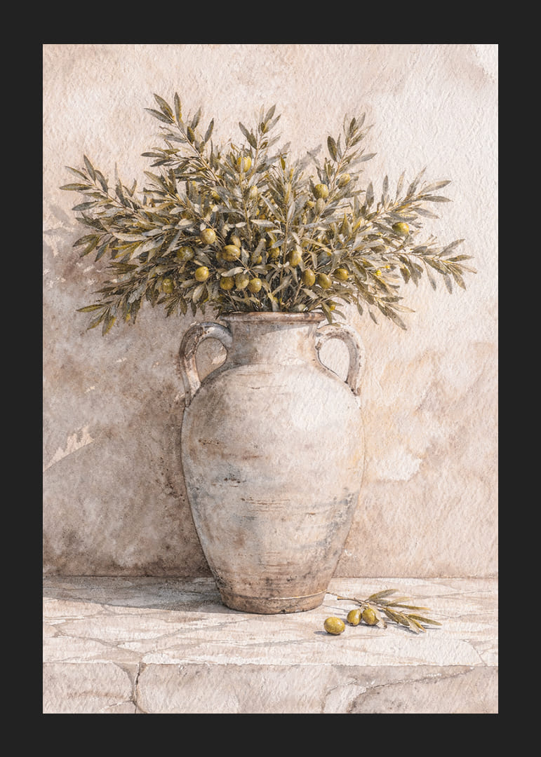 Ramuri de măslin într-o urnă antică pe un fundal rustic.-12