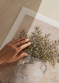 Ramuri de măslin într-o urnă antică pe un fundal rustic.-9