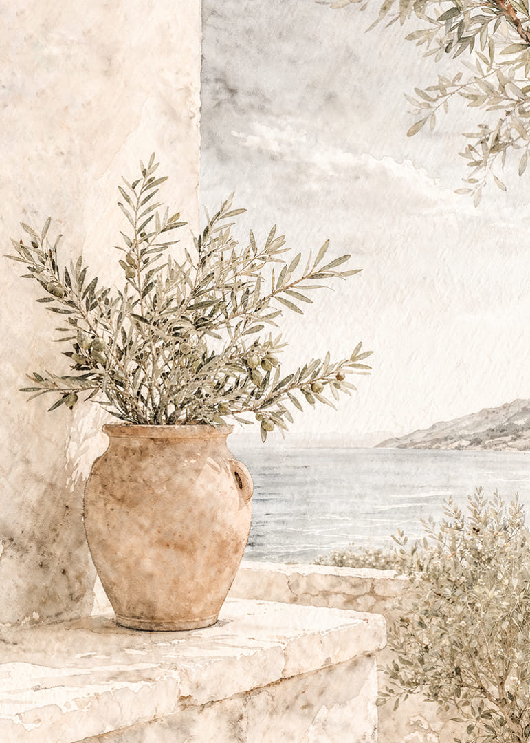 Peisaj mediteranean cu ramuri de măslin și tonuri deschise.-12