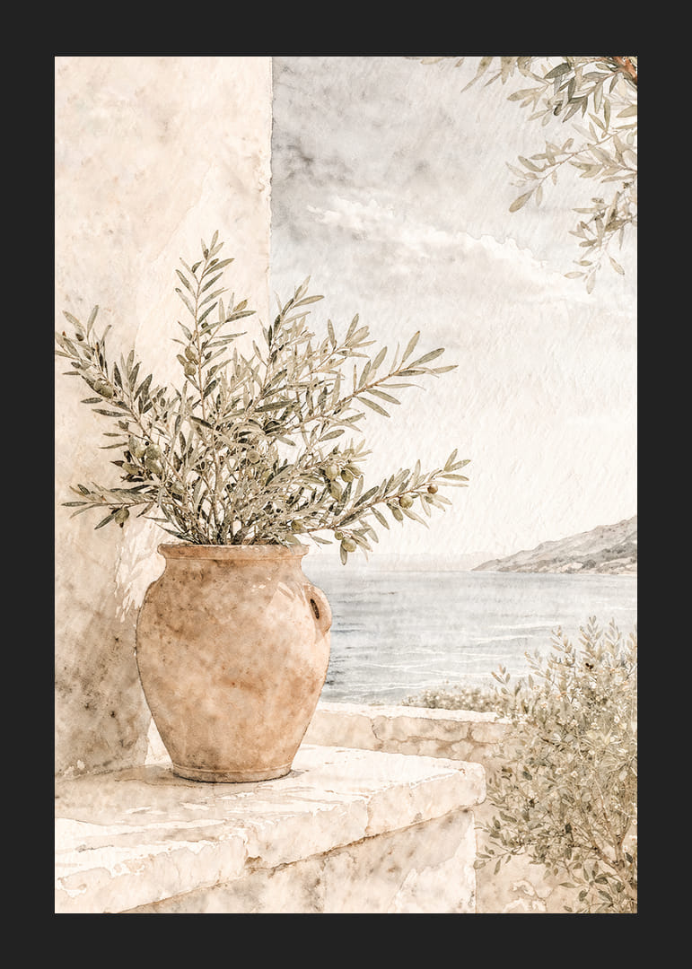 Peisaj mediteranean cu ramuri de măslin și tonuri deschise.-12