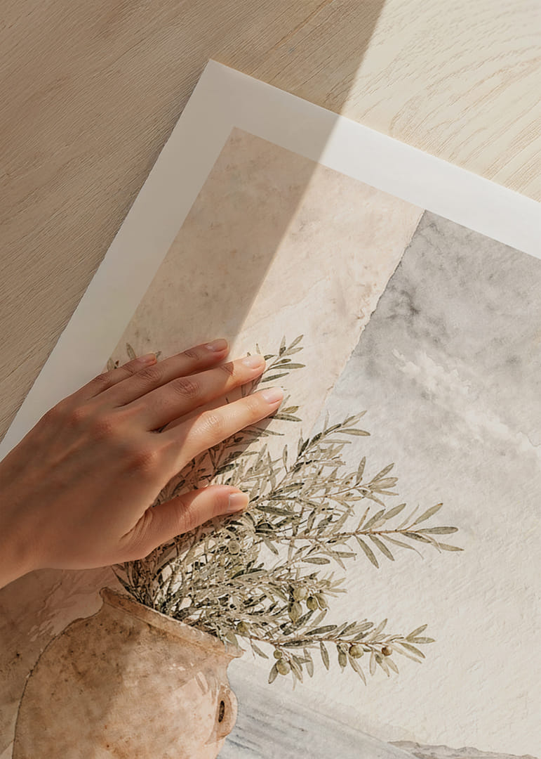 Peisaj mediteranean cu ramuri de măslin și tonuri deschise.-12