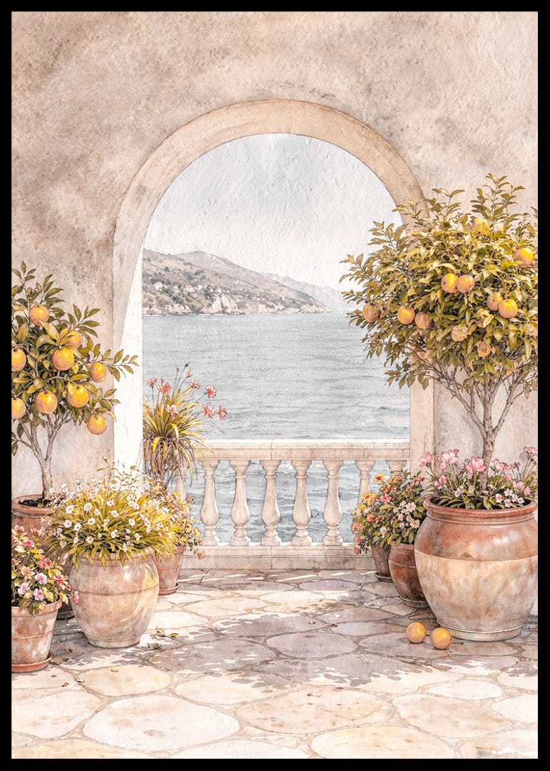 Peisaj însorit cu lămâi și vedere la mare.-12