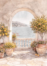 Peisaj însorit cu lămâi și vedere la mare.-7