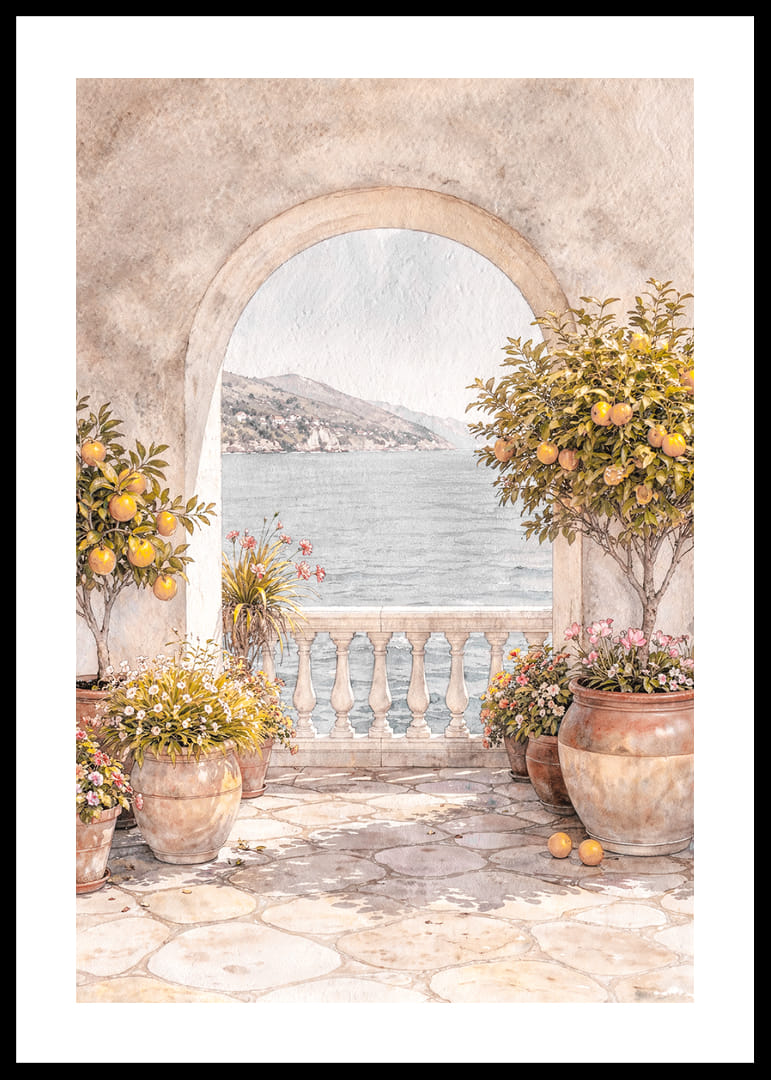 Peisaj însorit cu lămâi și vedere la mare.-12