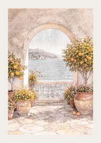 Peisaj însorit cu lămâi și vedere la mare.-3