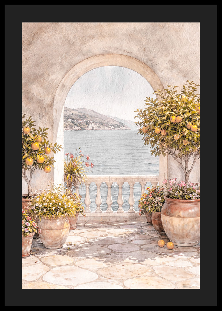 Peisaj însorit cu lămâi și vedere la mare.-12