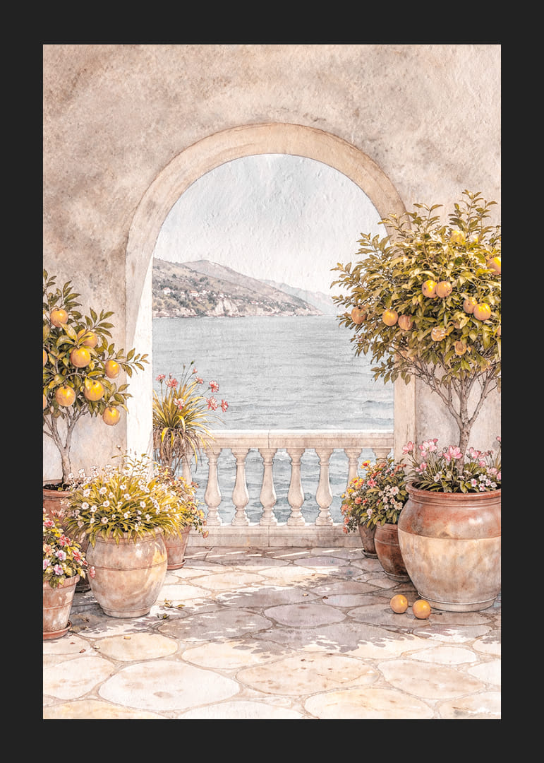 Peisaj însorit cu lămâi și vedere la mare.-12