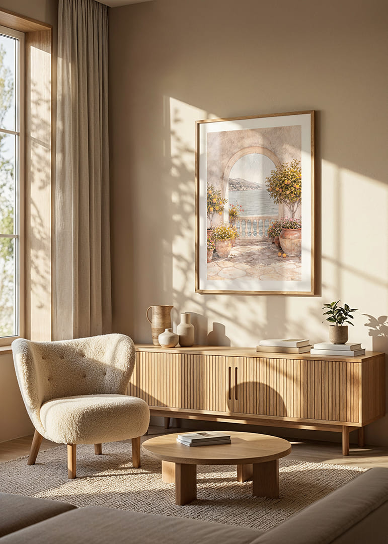 Peisaj însorit cu lămâi și vedere la mare.-12