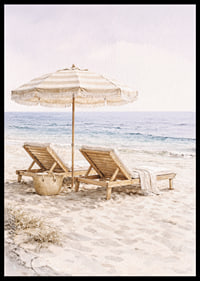 Relaxing beach scene with sun loungers by the sea.-6