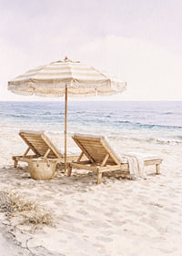 Relaxing beach scene with sun loungers by the sea.-7