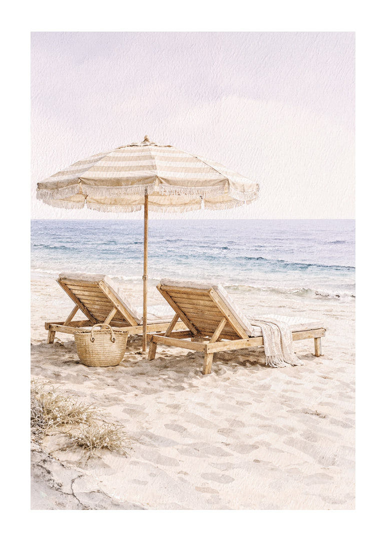 Relaxing beach scene with sun loungers by the sea.-12