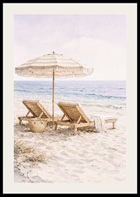 Relaxing beach scene with sun loungers by the sea.-2