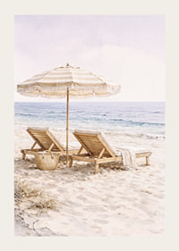 Relaxing beach scene with sun loungers by the sea.-3