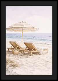Relaxing beach scene with sun loungers by the sea.-4