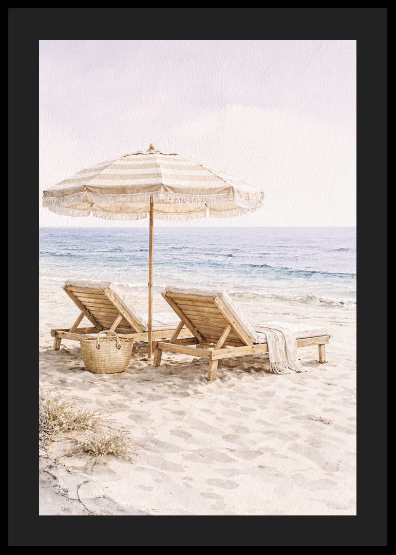 Pihentető tengerparti jelenet napozóágyakkal a tengerparton.-12